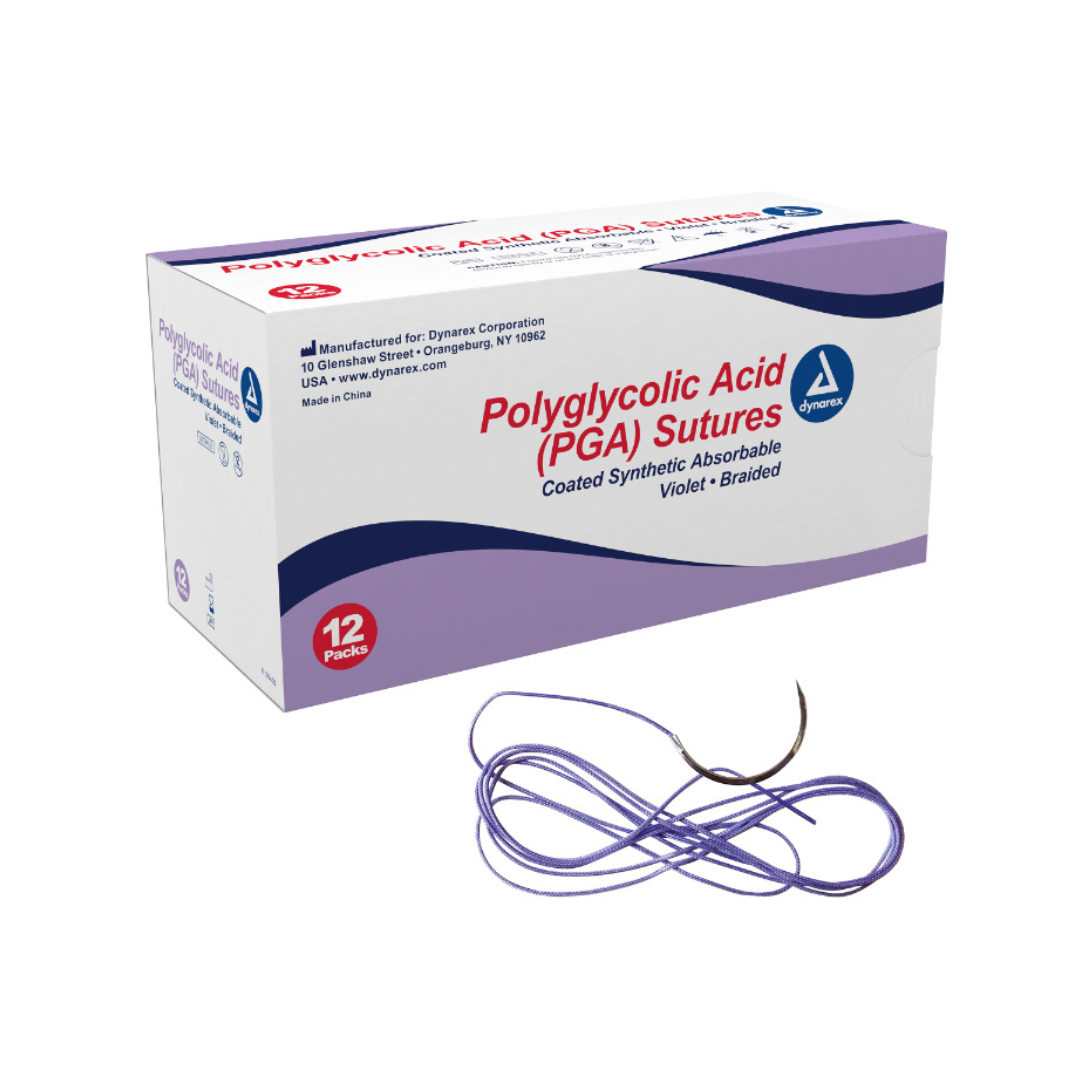 A box labeled Dynarex Braided (PGA) Sutures sits beside violet, braided, coated synthetic absorbable sutures with needles attached, ideal for secure wound closure and tissue approximation. Box contains 12 packs.